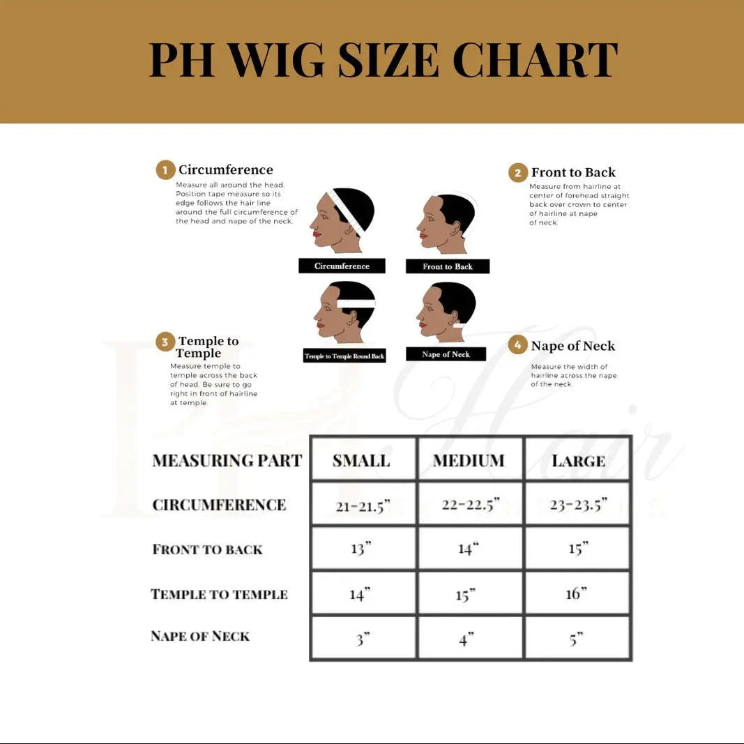 PH Hair Extensions wig size chart for choosing the correct cap size